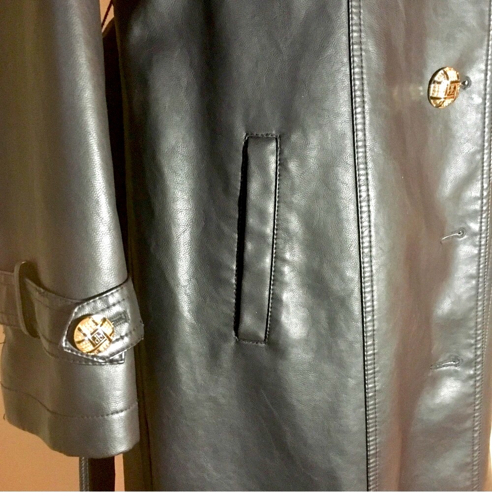 DENNIS BASSO Trench coat Black faux leather Full length Vintage SMALL a Classic - Picture 11 of 17